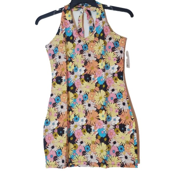 Juniors' SO® Halter Bodycon Mini Dress Size Large Sleeveless Floral Multicolor - Picture 3 of 6